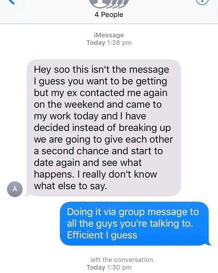 Awkward texting conversation about a relationship decision shared in a group message.