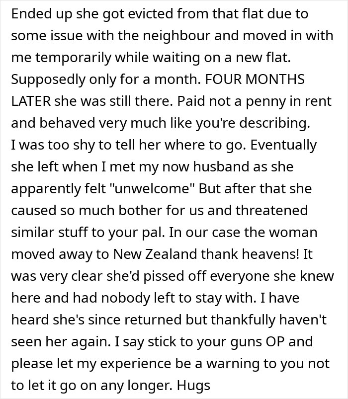 Text excerpt about a woman's prolonged stay causing issues with rent and eviction concerns.