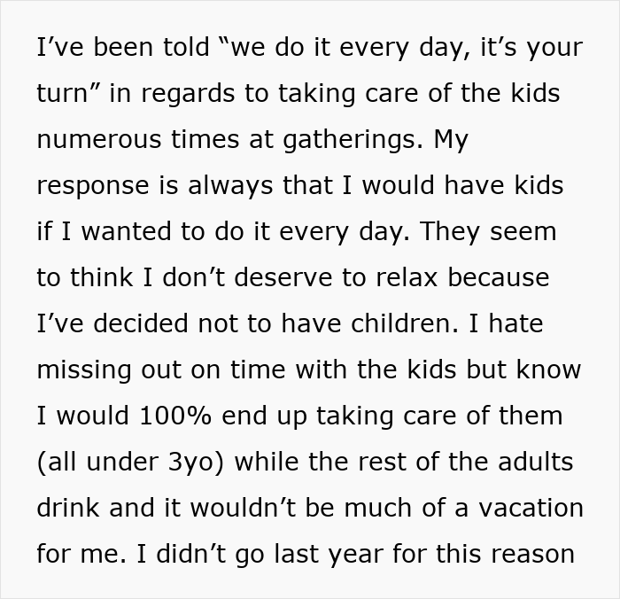 Text detailing a childfree woman's perspective on vacation and family expectations.