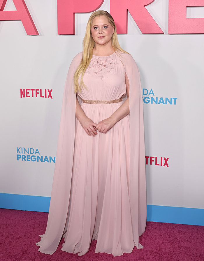 Amy Schumer in a pink gown at a Netflix event, promoting her new comedy.