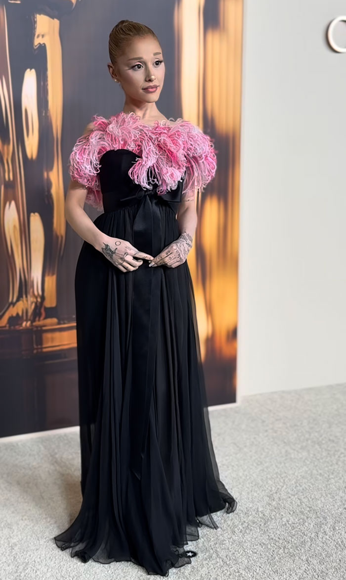 Person in a pink feathered top and black gown at the 2025 Oscar Nominees Dinner fashion event.