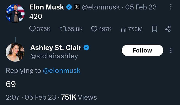 Elon Musk\'s tweet with a humorous numeric reply from Ashley St. Clair.