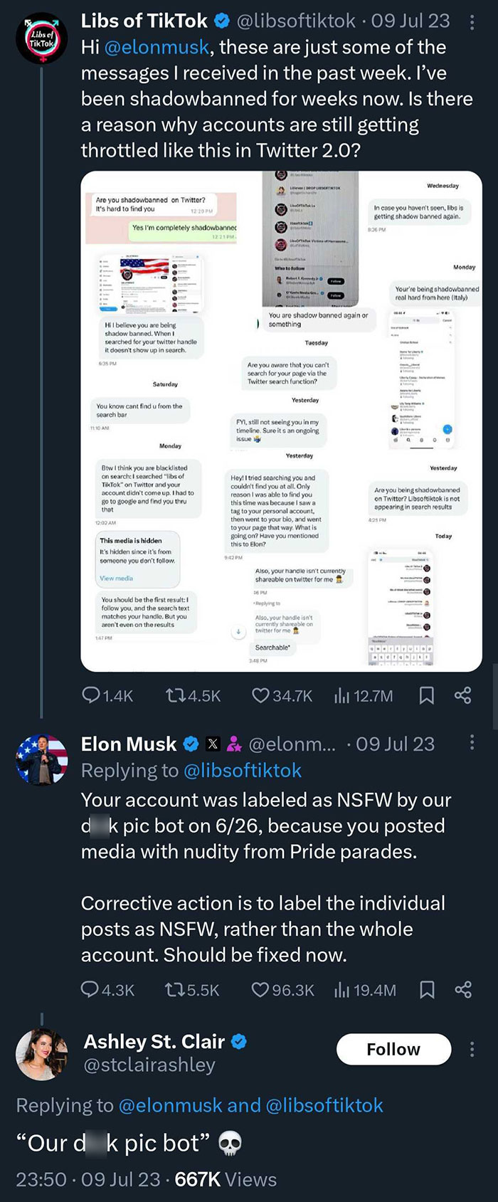 Elon Musk responds to shadowban claims on Twitter; Ashley St Clair reacts humorously to NSFW bot comment.