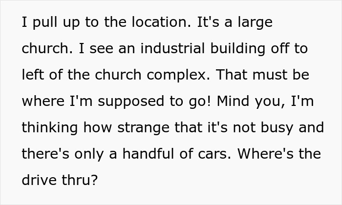 Text discussing a visit to a food bank at a large church with an industrial building, noting the absence of a drive-thru.