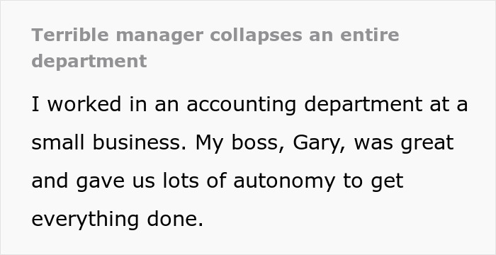 Text about an entitled boss disrupting a company’s structure and staff efficiency.