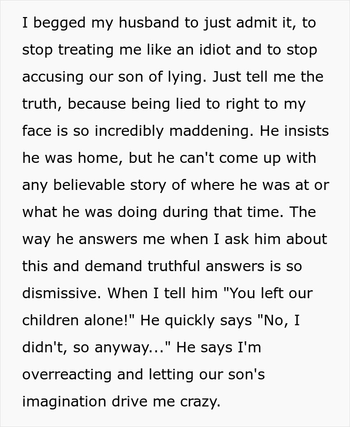 Text message pleading husband to admit truth about leaving children home alone.