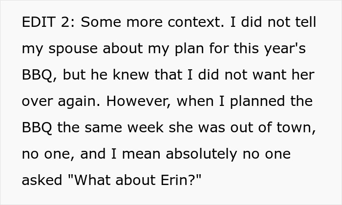 Text discussing a BBQ plan, mentioning family dynamics and Erin's absence, related to a family barbeque scenario.