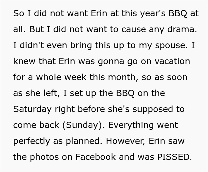 Text excerpt about family BBQ and Erin's absence, leading to her anger over Facebook photos.