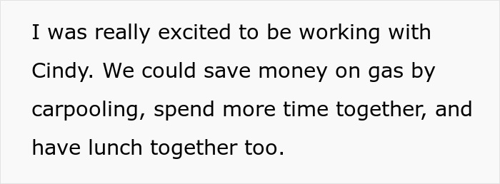 Text describing excitement about working with girlfriend and benefits of carpooling together.