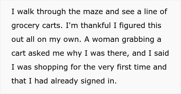 Text from a food bank story about a person navigating a line of grocery carts, leading to an unexpected volunteer shift.