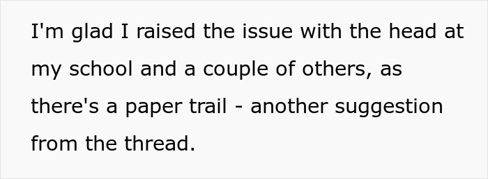 Text from a concerned teacher discussing a student's comment, mentioning consultation with school head and maintaining a paper trail.