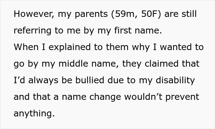 Text discussing a person wanting to be called by their middle name, mentioning parental disagreement and concerns about bullying.