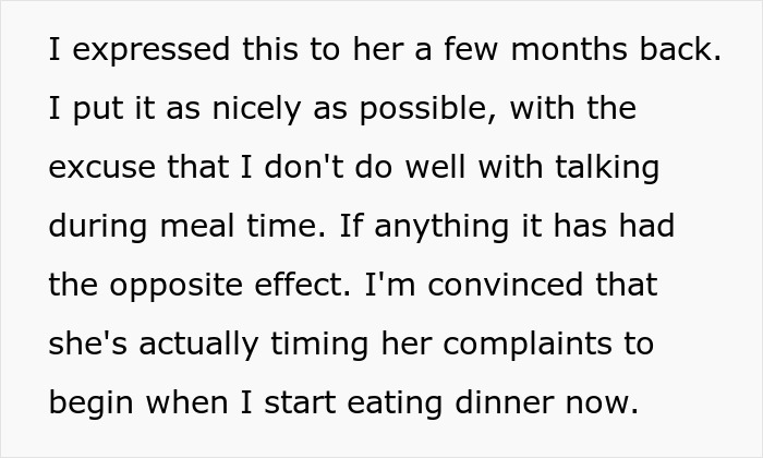 Text image about a guy convinced his GF times her complaints during dinner.