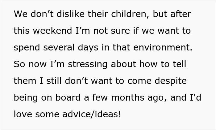 Text about a couple seeking advice on avoiding a vacation with kids they find overwhelming.