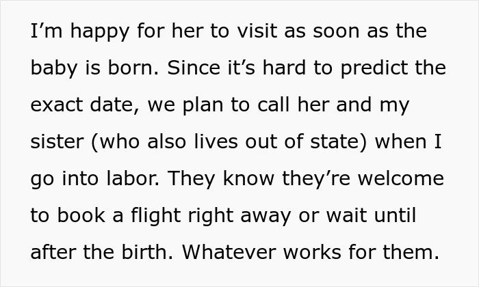 Text discussing MIL visiting arrangements after birth, highlighting flexibility on timing for flights post-labor.