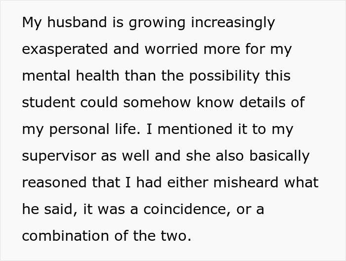 Text about a student's creepy comment and a husband's concern, emphasizing mental health.