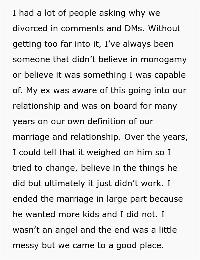 Ex-girlfriend explaining reasons for divorce, emphasizing issues with monogamy and family planning, seeking a positive resolution.