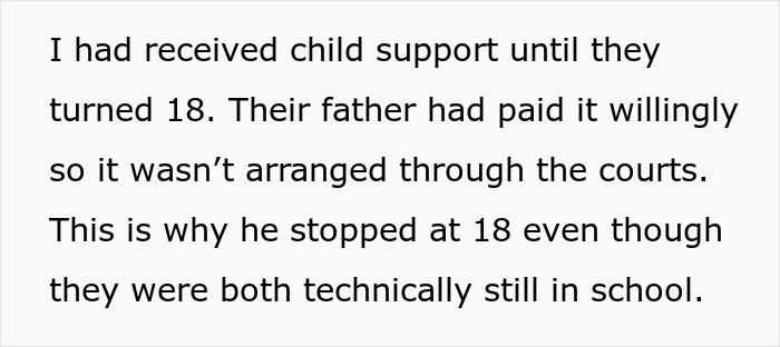 Text discussing child support ending at age 18 while still in school, related to a mom asking adult children for rent help.