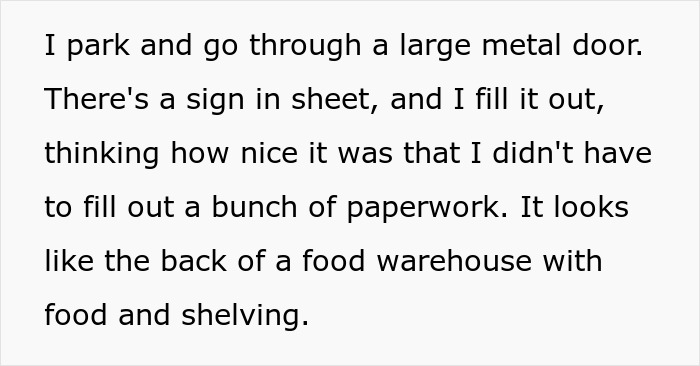 Text about entering a food bank, signing in, and observing food and shelving in a warehouse.