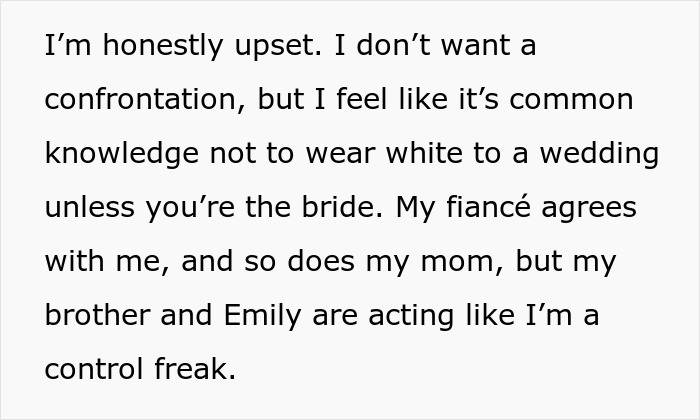 Text expressing a woman's upset about etiquette violation at her wedding.