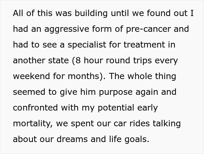 Text about life goals and challenges, discussing aggressive pre-cancer treatment and impactful car rides with spouse.