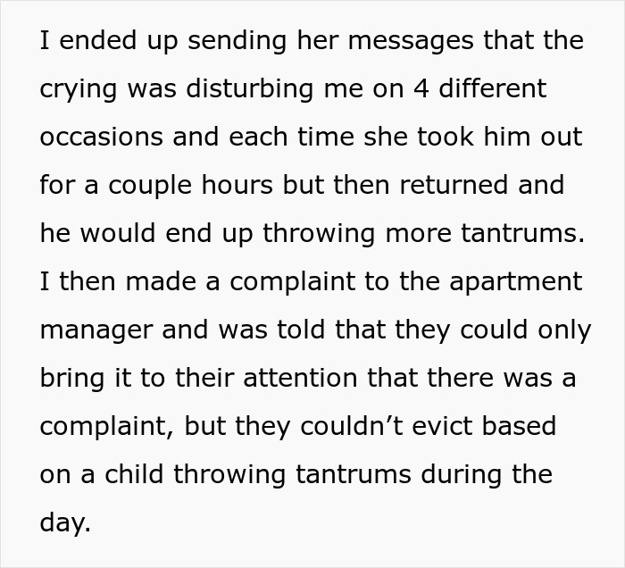 Text about complaints regarding a child's tantrums and the disturbance caused, involving apartment management.