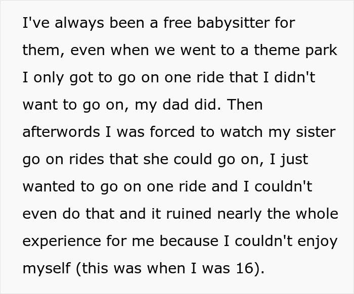 Text explaining a woman's refusal to babysit for her parents, highlighting her past experiences and reasoning.