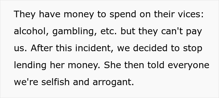 Text highlighting financial conflict with daughter's parents over money handling and refusal to fund vices.