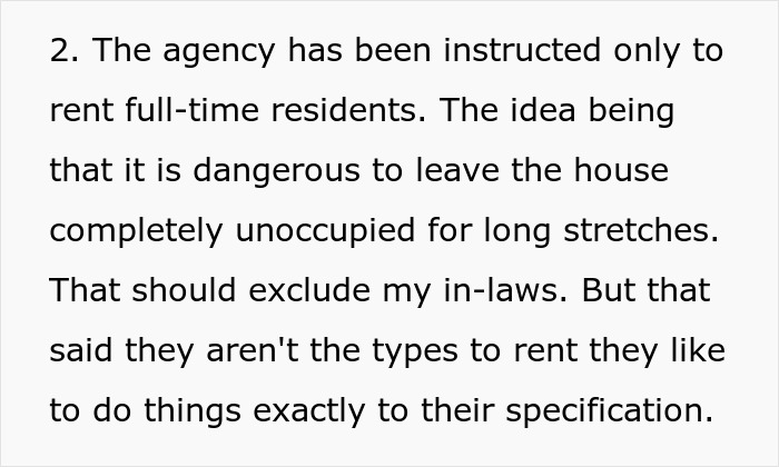 Text discussing strategies to limit in-laws' proximity by renting to full-time residents.