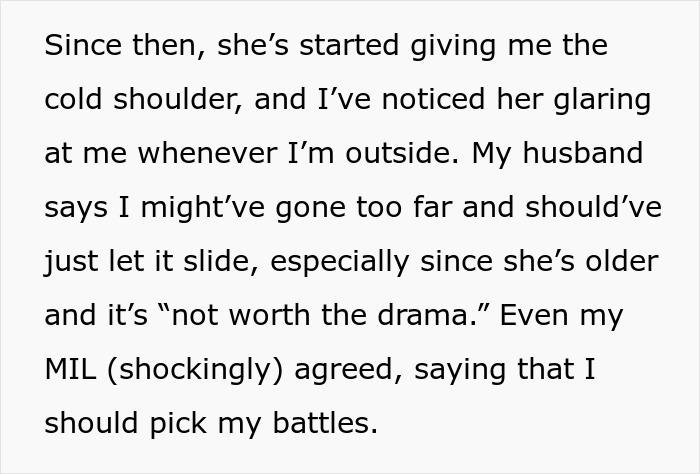 Text describing tension with a neighbor over unauthorized parking, mentioning the cold shoulder and advice to avoid drama.