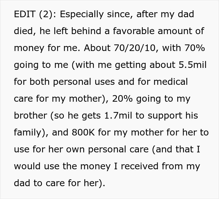 Text showing inheritance distribution plan, detailing father's estate allocation between siblings and mother.