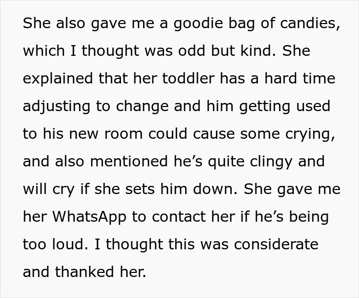 Text about a mom explaining her toddler's tantrums, sharing contact info for noise concerns.