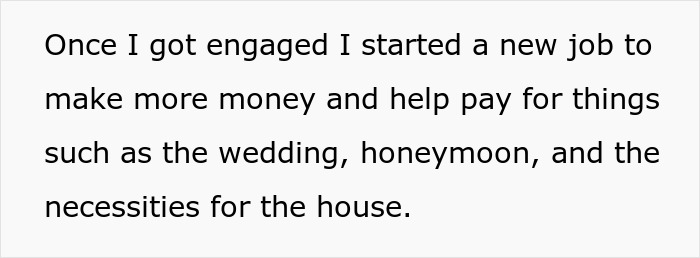 Text about starting a new job to cover wedding expenses, related to a divorce situation over job decisions.