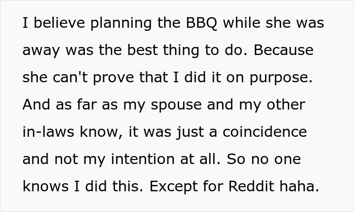 Text discussing planning a BBQ intentionally during a vegan sister-in-law's absence.