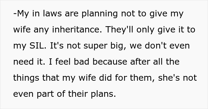 Text highlighting issues over parents using daughter for money, son-in-law frustrated with in-laws' inheritance plans.