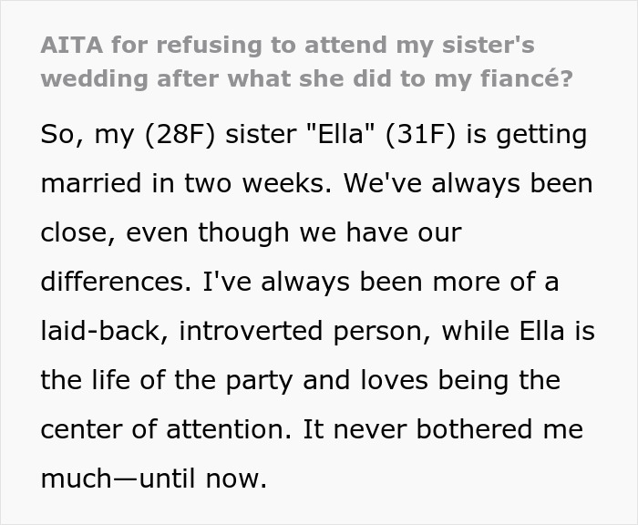 Text about a woman questioning her sister's wedding plans, conflict involved.