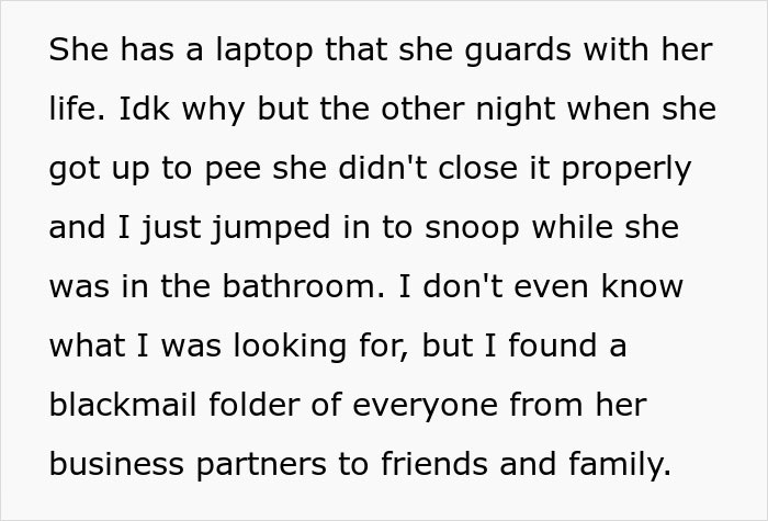 Text message revealing a shocking discovery on girlfriend's guarded laptop, mentioning a blackmail folder.