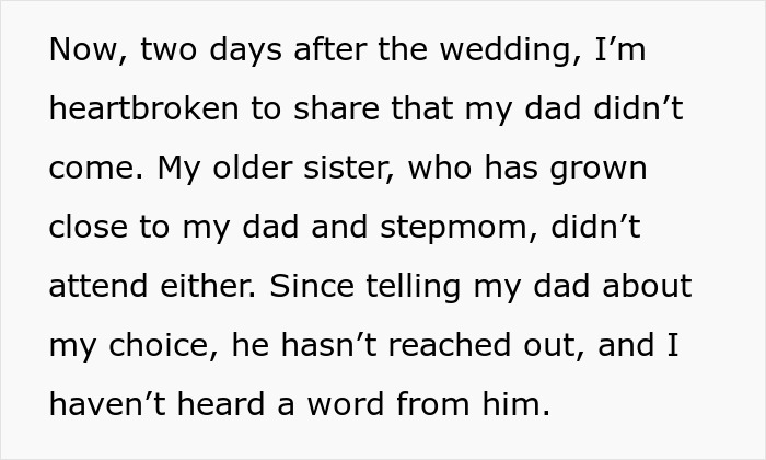 Text about dad choosing wife over daughter, missing wedding due to stepmom's demands.