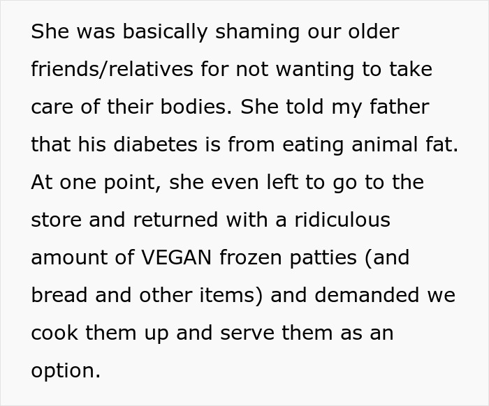 Text about vegan SIL criticizing family over food choices at barbeques.