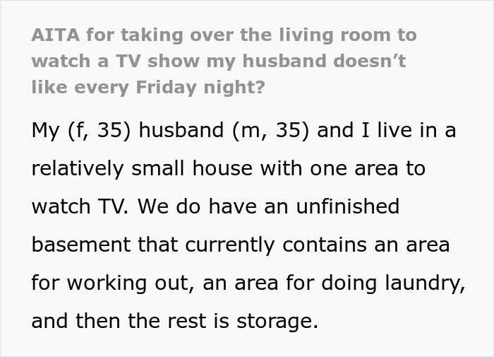 Text discussing a woman using the living room weekly for 'RuPaul's Drag Race,' causing tension with her husband.