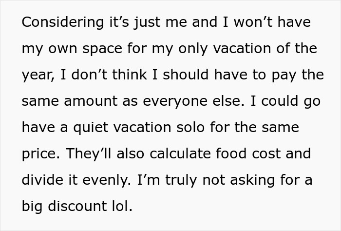 Text discussing a childfree woman's perspective on sharing expenses and privacy during a vacation.