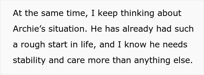 Text discussing a single dad's dilemma about providing stability and care for son's best friend, Archie.