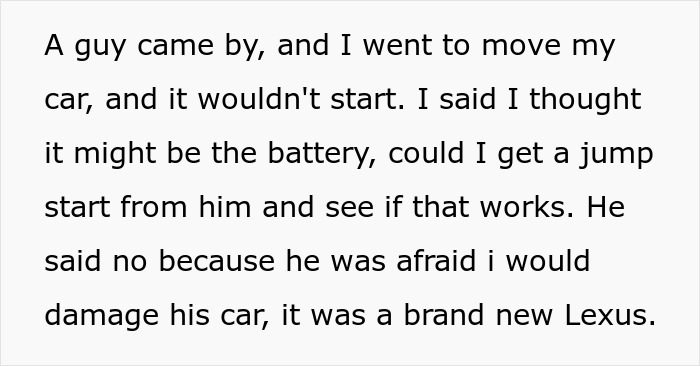 Text story about a person needing a jump start but being refused help by a neighbor due to fear of car damage.