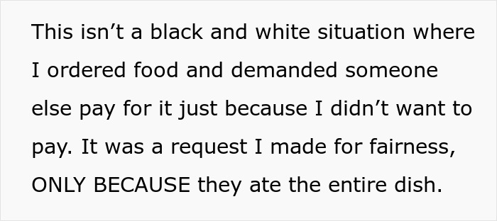 Text discussing fairness in a situation where a woman didn’t pay for a meal her friends took home.