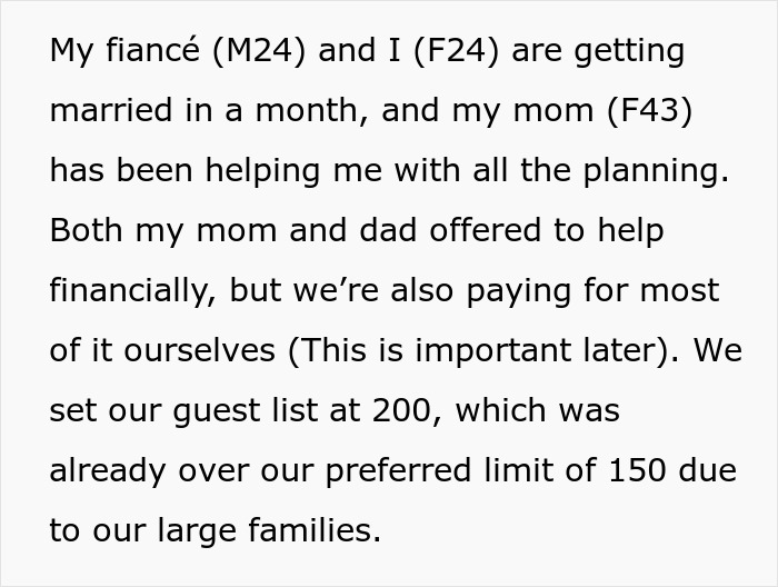 Dad chooses wife over daughter in wedding planning conflict, guest list set at 200, exceeding preferred limit of 150.