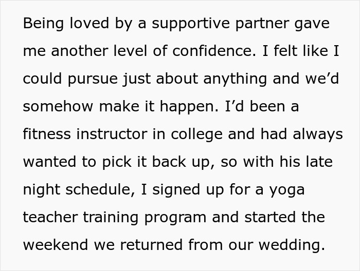 Text description about a woman's decision to pursue yoga teaching after marriage.