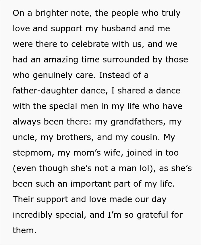 Text about a wedding with family support, father-daughter dynamic, and stepmom's involvement.