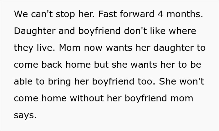 Text about an 18-year-old moving out, unhappy with living situation, wanting to return home with boyfriend, stepdad refuses.