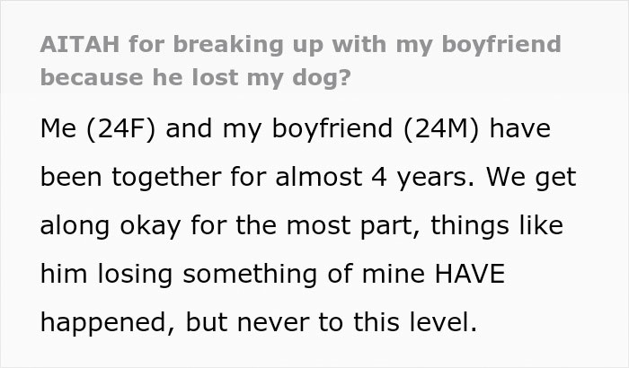 Text screenshot discussing a woman's relationship issue after her boyfriend lost her dog.