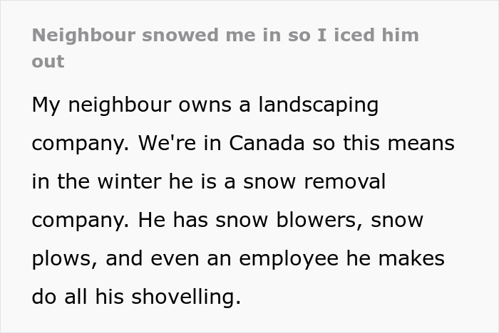 Text about neighbor conflict involving snow removal and an ice rink in Canada.